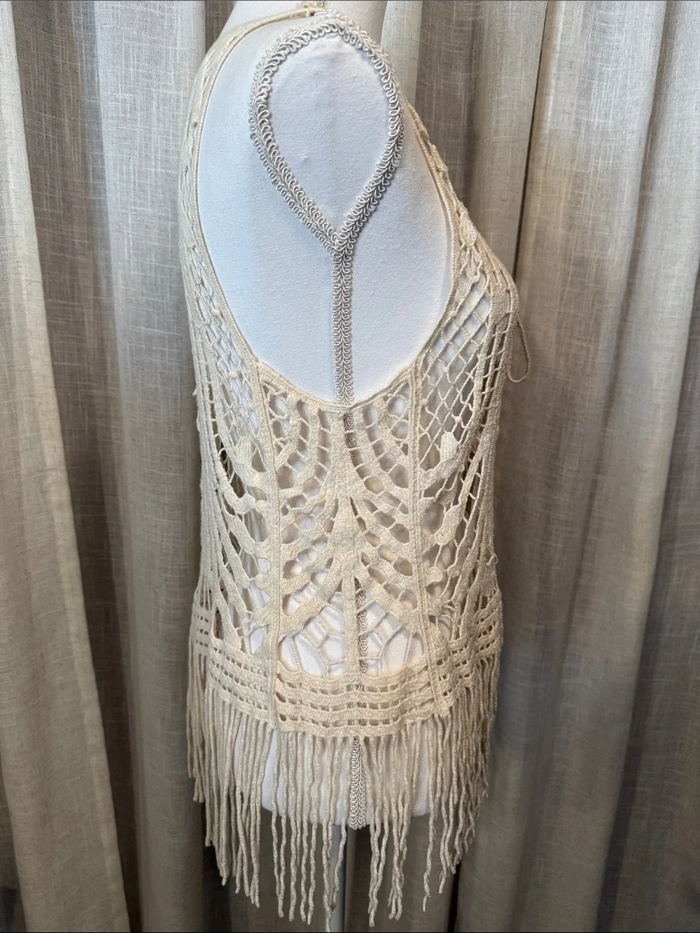 Boho Festival Crochet Vest Cream Fringe Tie Front Love Tree Medium-NWOT - Picture 4 of 12